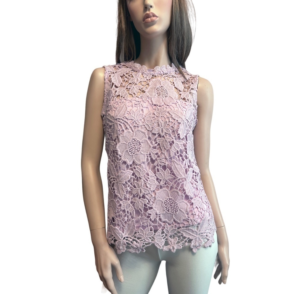Nanette Lepore Fancy Blouse Embroidered Lace Lavender Sleeveless Bow Tie Detail